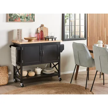 Servírovací stolek Kuchyňský vozík černý MDF vrchní deska v barvě světlého dřeva dvoudveřová úložná skříňka skandinávský design Beliani
