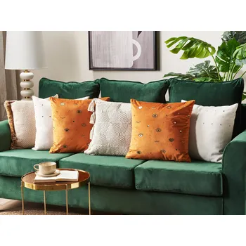 Dekorativní polštářek Sada 2 dekorativních polštářů oranžová sametová 45 x 45 cm zlatý potisk očí boho design doplňek dekorace obývací pokoj Beliani