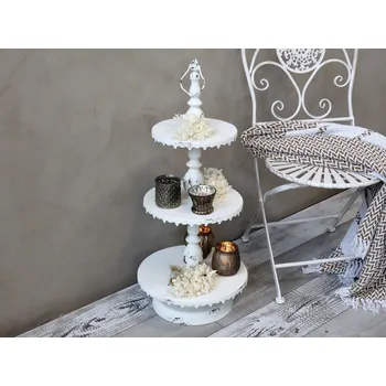 Krémový antik dekorační kovový etažér Lace edges - Ø36*83cm