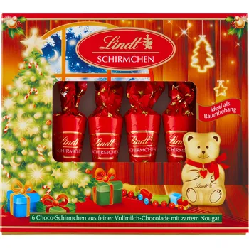 Čokoláda Lindt Vánoční deštníčky mléčné s lískoořechovou pastou 32 % 81 g