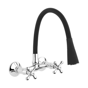 Vodovodní baterie Invena Roma, nástěnná baterie s elastickým ramenem 150mm, černá-chromová, INV-BC-24-E4S-L