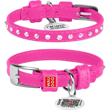 Vodítko pro psa Růžový kožený obojek s kamínky 19-25 cm - 2.JAKOST (Kvalitní kožený růžový obojek z pravé kůže. Délka je nastavitelná 19-25 cm a šířka je 9 mm. Obojek je zdobený kamínky a má kovovou přezku.)
