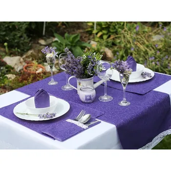 ubrus HEDVA ČESKÝ BROKÁT Ubrus Ospen 40x140 s krajkou KRUCÁNKY fialová