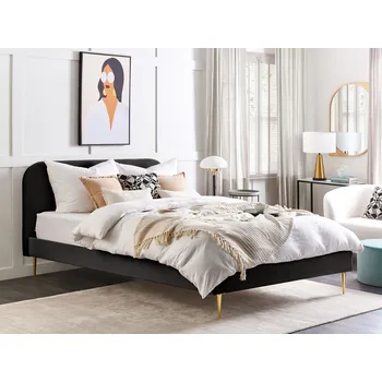 Postel Postel černá čalouněná sametová 180 x 200 cm čalouněné čelo zlaté nohy lamelový rošt minimalistický design Beliani