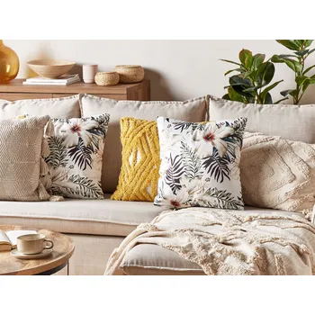 Dekorativní polštářek Sada 2 Dekorativní polštáře bílý zelený samet 45 x 45 cm Vzor listů Boho Dekorace Doplňky Beliani