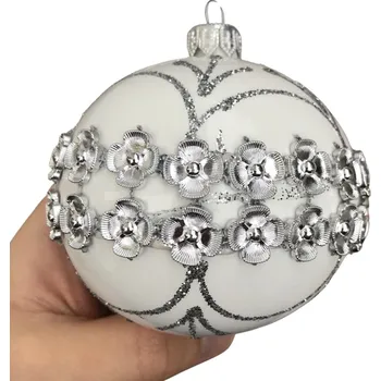 Vánoční dekorace Irisa Skleněná vánoční koule Ráchel bílé květiny