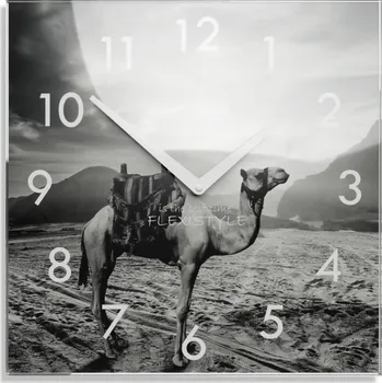 Hodiny Dekorační černobílé skleněné hodiny 30 cm s motivem velblouda