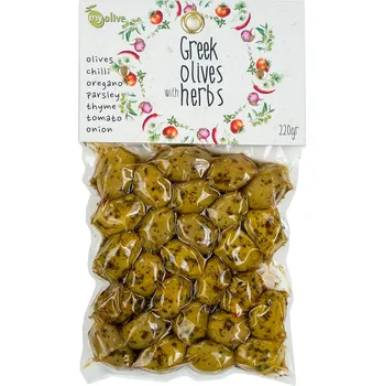 oliva Zelené řecké olivy ochucené petrželkou, tymiánem, rajčaty, chilli a cibulkou 220g MY OLIVE