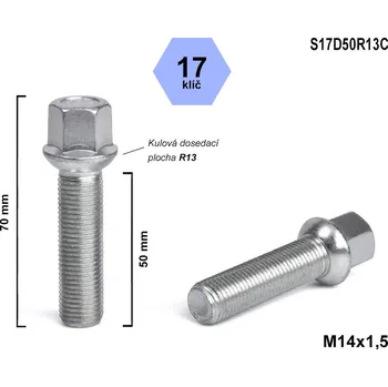 Šroubek na kolo Kolový šroub M14x1,5x50 koule R13, klíč 17, S17D50R13C, výška 70 mm