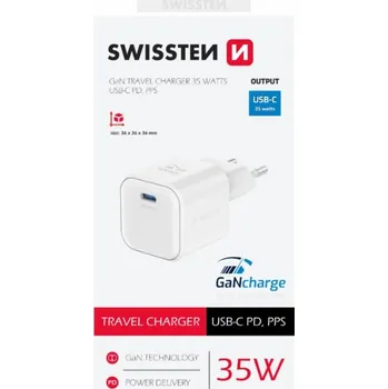 Nabíječka Swissten GaN 1x USB-C 35W power delivery - bílá