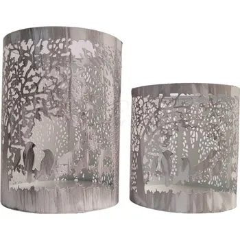 Svícen kovový s ornamenty a ptáčky bílo-šedý - 10 x 9 cm