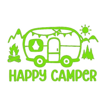 Samolepící dekorace SAMOLEPKA Happy camper 002 levá kempování s karavanem (04 - zelená kawasaki) NA AUTO, NÁLEPKA, FÓLIE, POLEP, TUNING, VLASTNÍ TEXT, TISK, AUTOSAMOLEPKY.cz, POLEPY, OBRÁZEK, LOGO, SAMOLEPKY