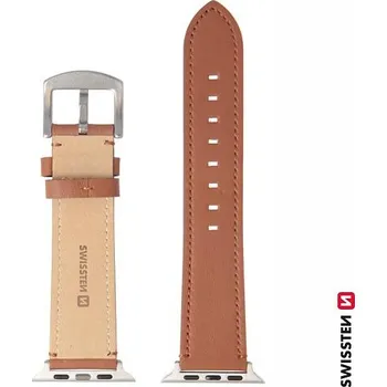 Chytré hodinky Swissten ŘEMÍNEK PRO APPLE WATCH KOŽENÝ 42 / 44 / 45 / 49 mm HNĚDÝ (stříbrná spona a stříbrné poutko)