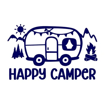 Samolepící dekorace SAMOLEPKA Happy camper 002 pravá kempování s karavanem (23 - tmavě modrá) NA AUTO, NÁLEPKA, FÓLIE, POLEP, TUNING, VLASTNÍ TEXT, TISK, AUTOSAMOLEPKY.cz, POLEPY, OBRÁZEK, LOGO, SAMOLEPKY