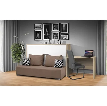 Postel Nabytekmorava Sklápěcí postel s pohovkou VS1056, 200x90cm barevné kombinace: Dub sonoma světlý / dveře bílé, barva pohovky: Savana hnědá