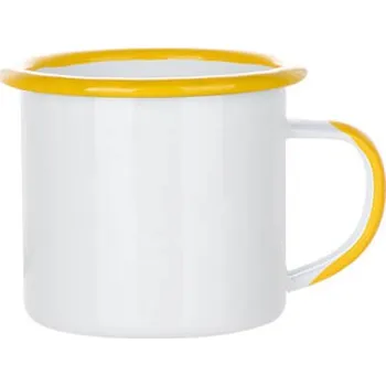 Kovový hrnek "Plecháček" 360 ml bílý s barevným lemem a uchem - žlutý sublimace termotransfer