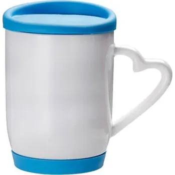 Stolování Bílý hrnek 400 ml s uchem ve tvaru srdce s barevným silikonovým víčkem a podšálkem - modrá sublimace termotransfer