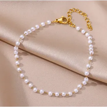 Náhrdelník Kotníkový nerezový řetízek s perlamy zlatý