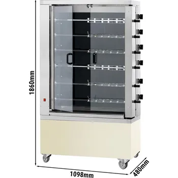 Kuchyňský gril G.Gastro Sklokeramický elektrický gril na kuřata PREMIUM se 6 rožni pro 36 kuřat - 1098 x 480 x 1860 mm