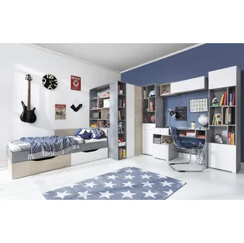 Dětský zahradní nábytek Meblar Dětský pokoj Sigma, System A, beton/bílý lux/dub Zvolte osvětlení: bez osvětlení, Zvolte možnost matrace: Bez matrace