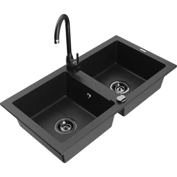 Granitový dřez Mexen Mario dřez žulový 2-komorový s kuchyňskou baterií Telma, černý/stříbrný - 6504-73-670200-70-B Granitové dřezy s baterií