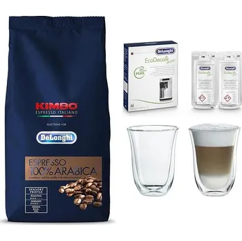 Káva DeLonghi Kimbo 100% Arabica 1kg zrnková + DeLonghi EcoDecalk mini + Skleničky na latte macchiato DeLonghi