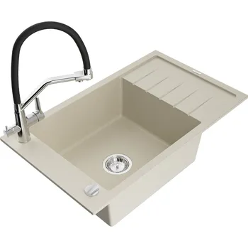 Granitový dřez Mexen Elias 1miskový granit dřez s odkapem a baterií Duo, béžová 6511-69-671701-07