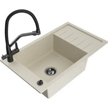 Granitový dřez Mexen Elias 1-miskový granit dřez s odkapem a baterií Duo, béžová 6511-69-671701-70-B