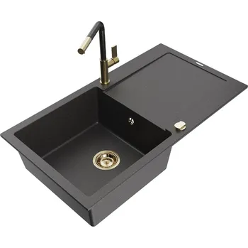 Mexen Leo 1-miskový granit dřez s odkapem a baterií Flora, černá 6501-76-670401-75-G