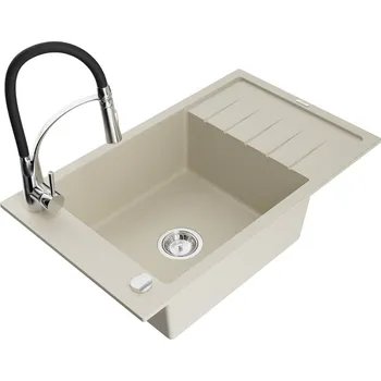 Granitový dřez Mexen Elias 1-miskový granit dřez s odkapem a baterií Aster, béžová 6511-69-73450-07
