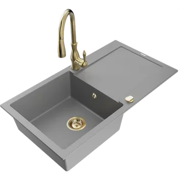 Granitový dřez Mexen Leo granitový dřez s 1 komorou, odkapávačem a kuchyňskou baterií Savita, šedý - 6501-71-672601-50 Granitové dřezy s baterií