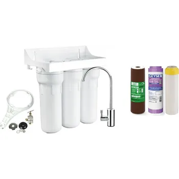 Ochranný vodní filtr Trojitý filtr 10" víceúčelový filtr na Fe,Mn,chlór,zvýšení pH,Ca,Mg Sada na připojení pod kuchyňskou linku: Bez sady
