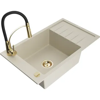 Granitový dřez Mexen Elias 1-miskový granit dřez s odkapem a baterií Aster, béžová 6511-69-73450-57-G