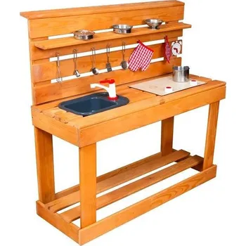 Dětská kuchyňka Dřevěnná zahradní hlíněná kuchyňka s doplňky