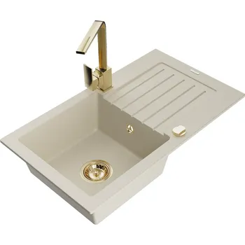 Mexen Pablo 1-miskový granit dřez s odkapem a baterií Rita, béžová 6510-69-670300-50