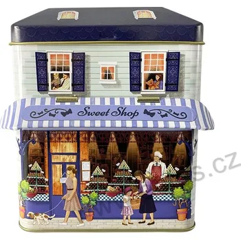 SWEET SHOP & COFFEE BAR modrá plechová dóza domeček s markýzou Obchod sladkostí a kavárna