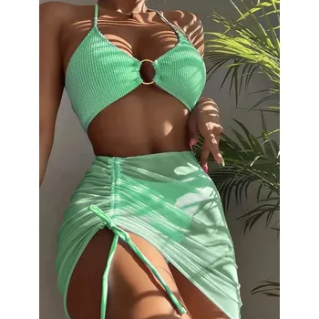Dámské plavky Dámský trojdílný plážový set Barva: Zelená, Velikost: XL