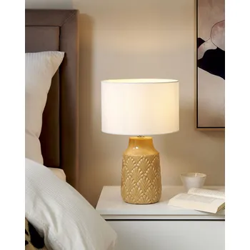 Osvětlení Stolní lampa žlutá keramika lesklá základna látkové stínidlo noční lampa na stůl světlo osvětlení moderní design Beliani