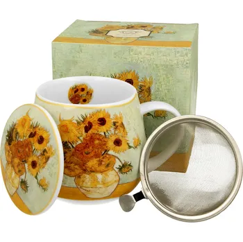 DUO Gifts DG - Porcelánový hrnek Barylka Slunečnice Vincent van Gogh se sítkem a víčkem v dárkové krabičce - 430 ml