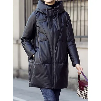 Dámský kabát FIT FASHION Zimní kožená bunda oversize s prošíváním - Černá L