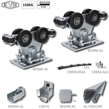Pohon brány Hliníkový samonosný systém 95x100x11 mm pro posuvné brány do 150 kg / 6,5 m, průjezd (AL-C95x100-6, 2x W38M.AL, W36M.AL, 2x W32M.AL, C397G, 12x CREM-05AL, 1pár CREM-ALX)