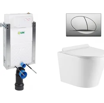 Splachovací tlačítko Liv-Fluidmaster Wc set Ring II Wall podmítková nádrž do zdiva, rimless mísa, sedátko a tlačítko matný chrom 195868 - SET(195868, 669931, OLKLT053ER)