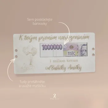 Dřevěné přání k prvním narozeninám s věnováním - MILION BALÓNKY