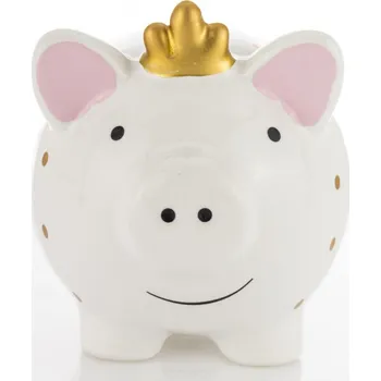 Svatební dekorace Pokladnička prasátko 11 cm - bílé s puntíky a kurunkou