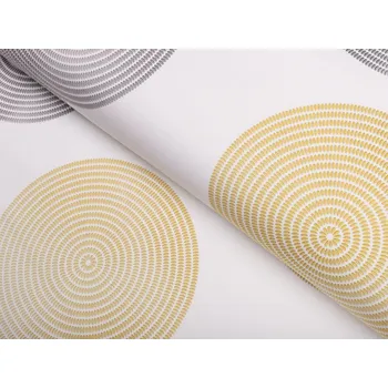 Sametová látka Tamara TMR-023 Žluté a šedé designové kruhy na smetanovém - šířka 150 cm