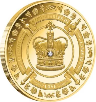 Exkluzivní zlatá mince s diamantem Král Karel III. Korunovace 1 oz 2023 Proof 31,1 g