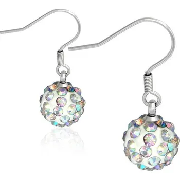Náušnice 10mm – Bílá kulička s barevnými lesklými kamínky