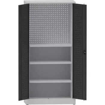 Dílenská skříň na nářadí, v x š x h: 1950x950x500 mm, perforované panely, 3 x police, barva šedá RAL7035/antracit RAL7016