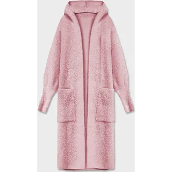 Dámský kabát Bledě růžový dlouhý vlněný přehoz přes oblečení typu alpaka s kapucí (M105) odstíny růžové uni velikost