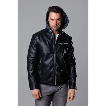 Černá pánská bunda z ekokůže s teplákovou kapucí (11Z8022) odstíny černé M